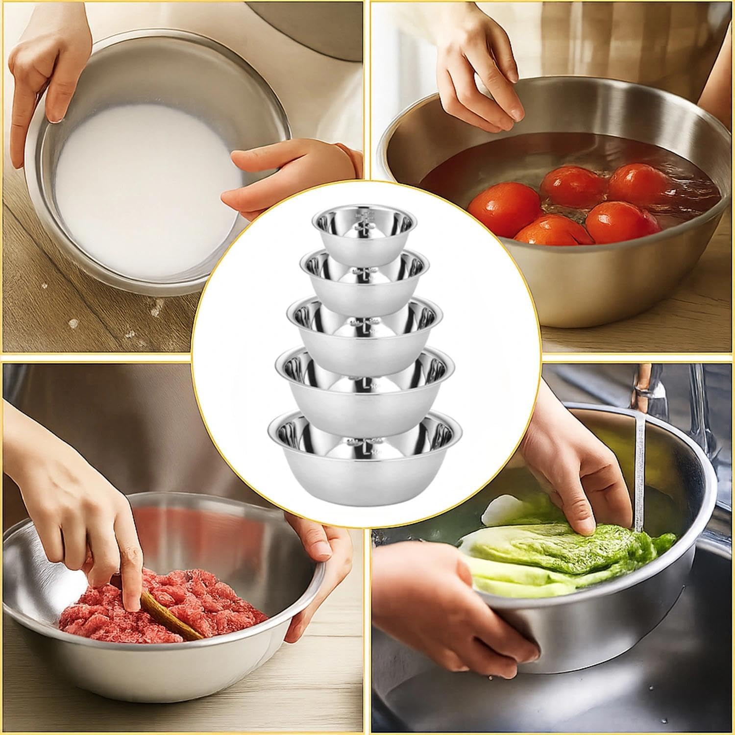 Set di ciotole in acciaio inox, ciotole in acciaio inox, ciotole in metallo, ciotole da portata, impilabili, per cucina, cottura al forno, insalata, 14/16/20/22/24 cm, set da 5 pezzi