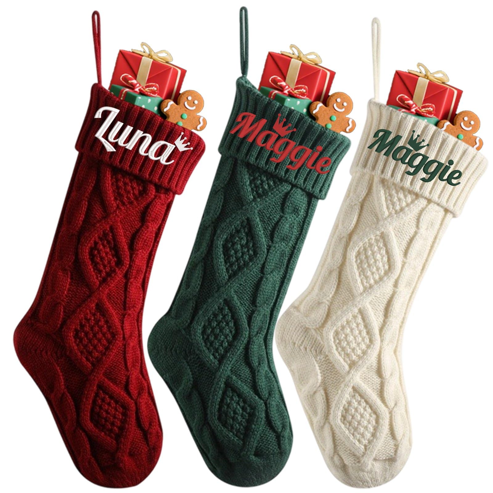 Calcetines de Navidad grandes de punto de 45,72 cm con nombres bordados personalizados, calcetines de Navidad grandes de punto para Navidad, decoración familiar y para colgar en la chimenea