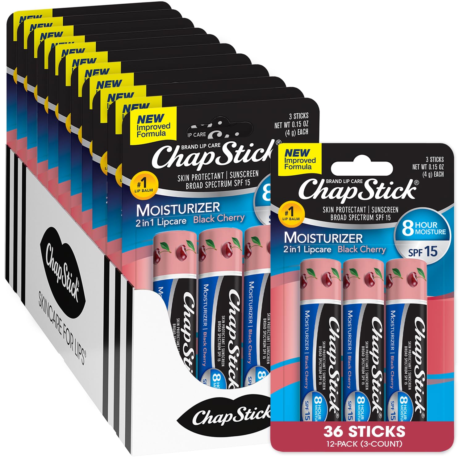 ChapStickLip Moisturizer, Black Cherry 2-in-1 Lipcare SPF 15 3-Packs (12 Sets/36 Tubes) – Bulk Lip Balm, New Improved Formula, 0.15 Oz Ea