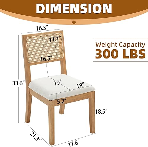 Miniatura 3 de Westice Juego de 2 sillas de comedor de ratán, sillas de comedor naturales de granja con cojín tapizado, sillas de madera sin brazos para