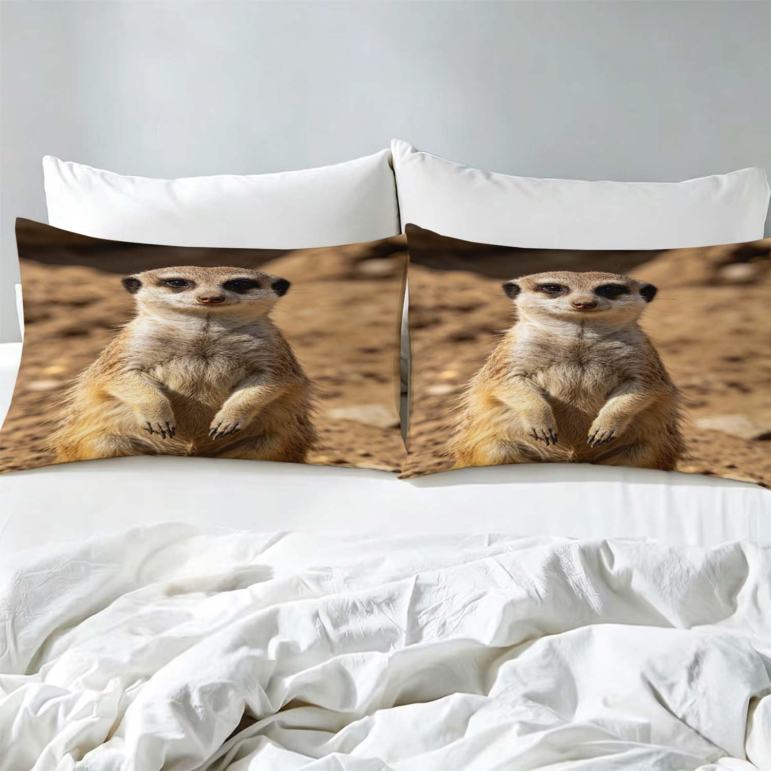 Drap Housse 180x200 cm Suricate 3D Drap-Housse Animaux Africains Draps Housses Microfibre 2 Personnes avec 2 Taie d'oreillers pour Matelas Épais XCW6188