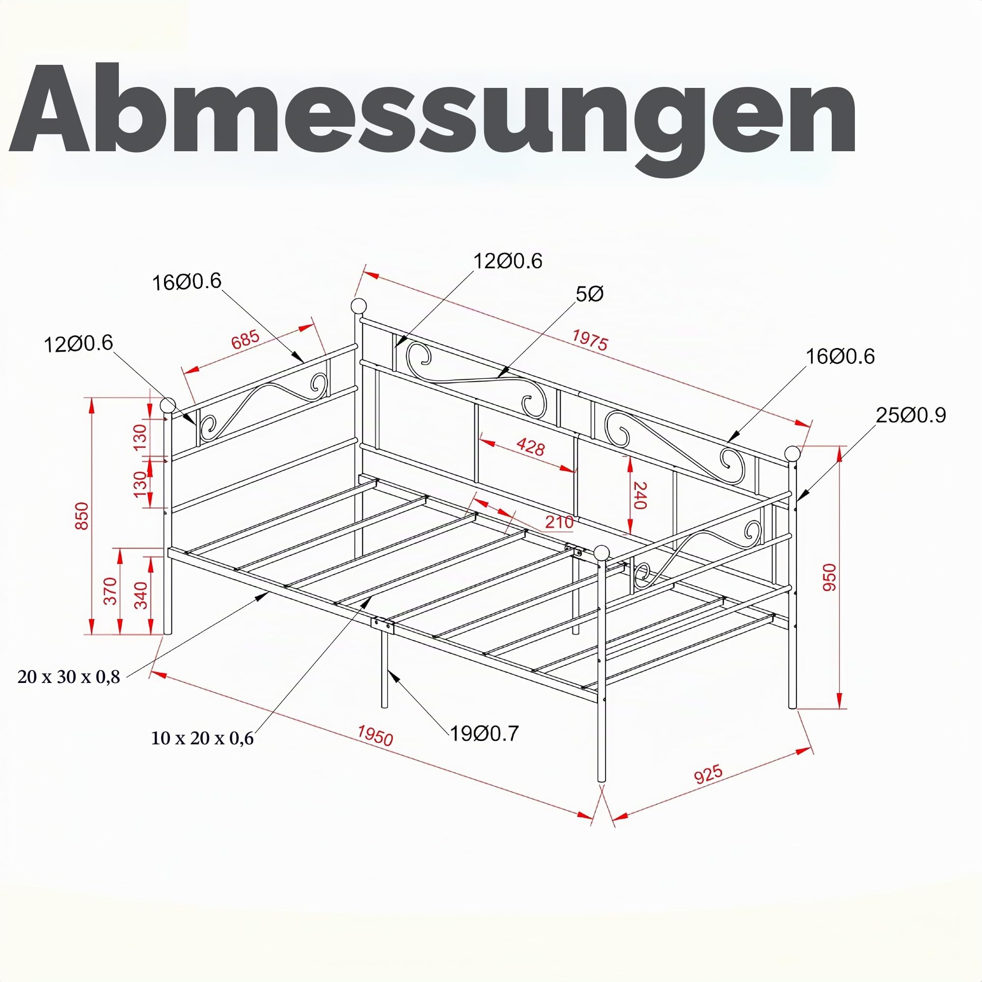 Tagesbett Metallbett Bettgestell 90x190 cm,Einzelbetten,Daybed mit edlen Mustern,Bett mit Stauraum,Gästebett Jugendbett Bettsofa für Schlafzimmer Wohnzimmer passend,Schwarz