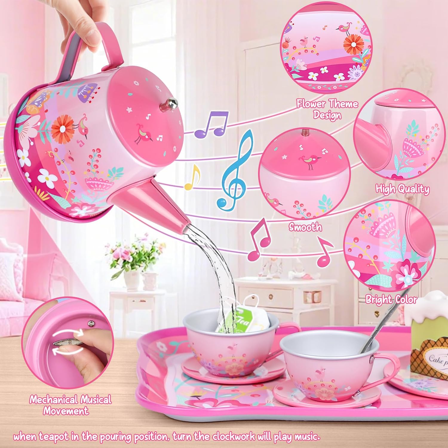 PRE-WORLD Tea Party Set 53Pcs, Musical Teapot Toy for Girls Ages 3-6 image 5