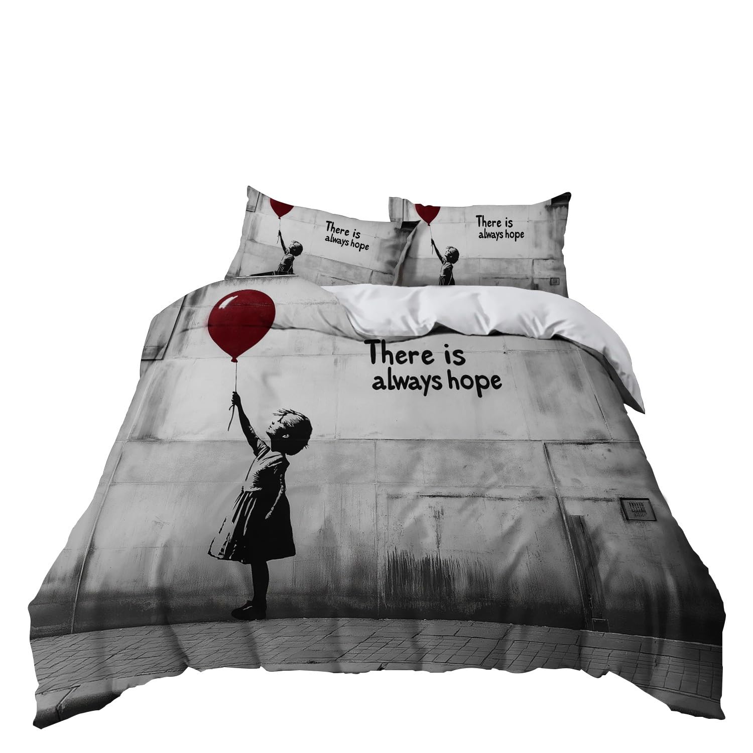Arte Callejero Funda Nórdica 150 x 200 cm Funda Edredon La Niña Sostiene Un Globo Rojo Diseño para Dormitorio de los niños, Cama Individual Cama 90, + 2 Fundas de Almohada