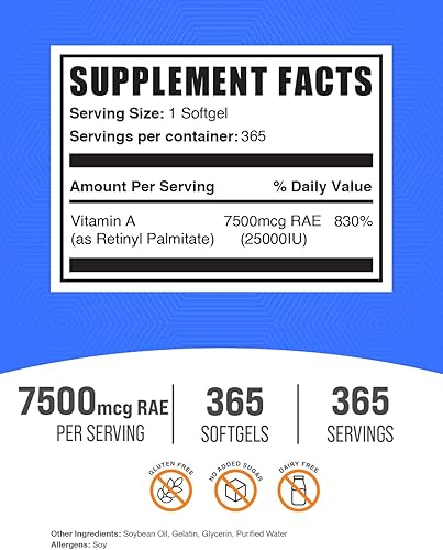 Vista 2 de BulkSupplements. Com Vitamina A 25000 UI Softgels - Suplemento de vitamina A, como palmitato de retinilo, para apoyo ocular e inmunológico, sin