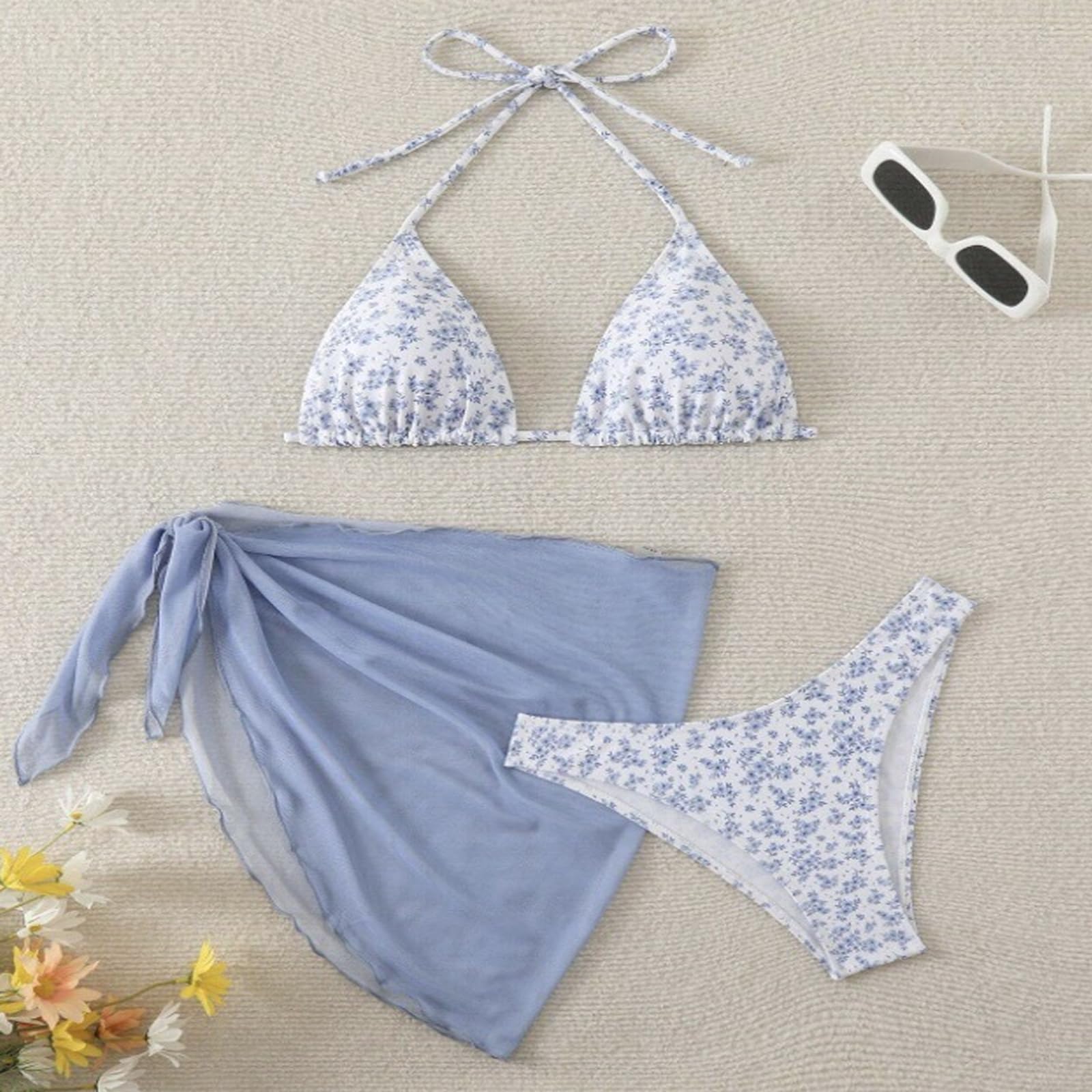 GWAWG Bikini para mujer, traje de baño de tres piezas, parte superior de bikini, parte inferior de bikini y manta para playa, piscina y vacaciones