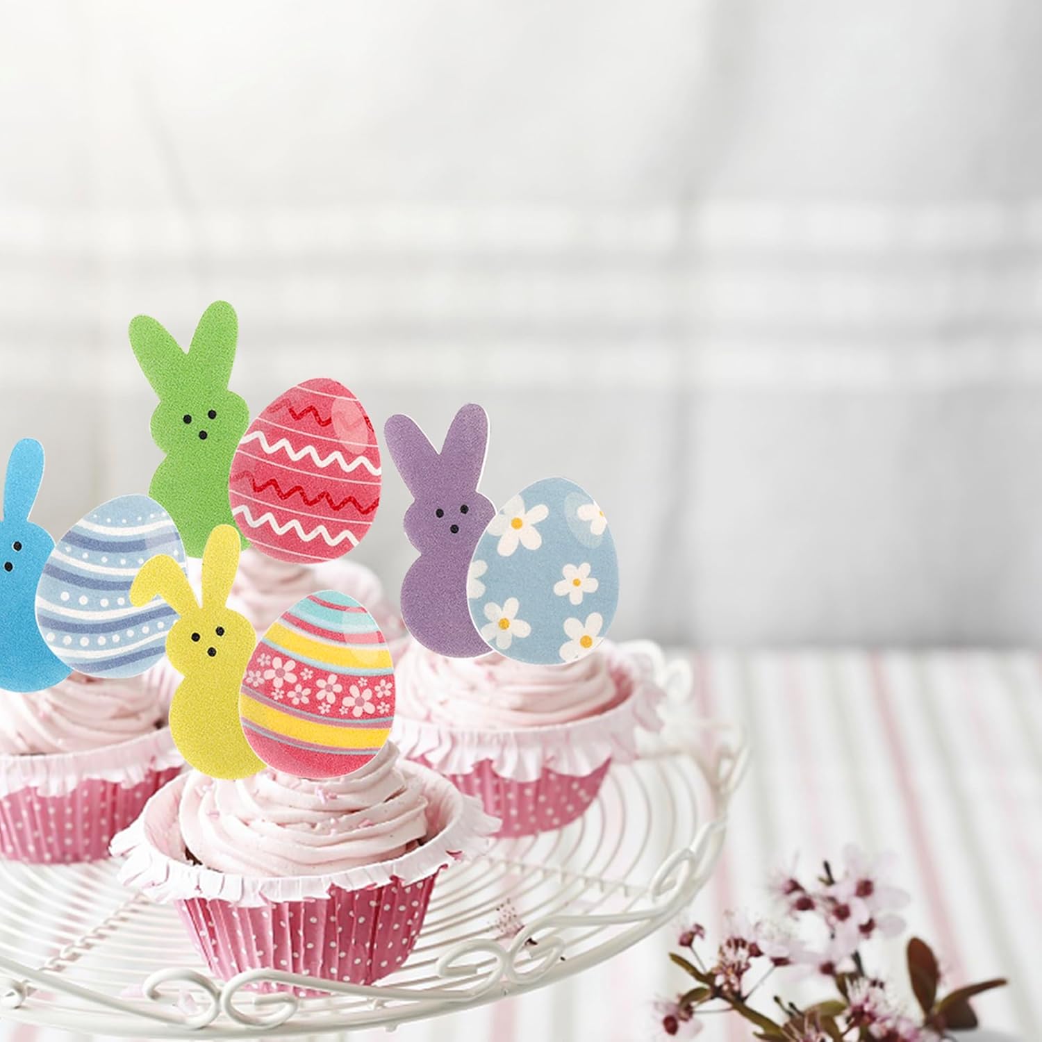 60 PCS Edible Easter Cupcake Toppers Colorful Bunny Cupcake Topper Edible Eggs Cupcake Picks for Happy Easter Day Rabbit Egg Theme Baby Shower Birthday Party Cake Food Decorations Supplies