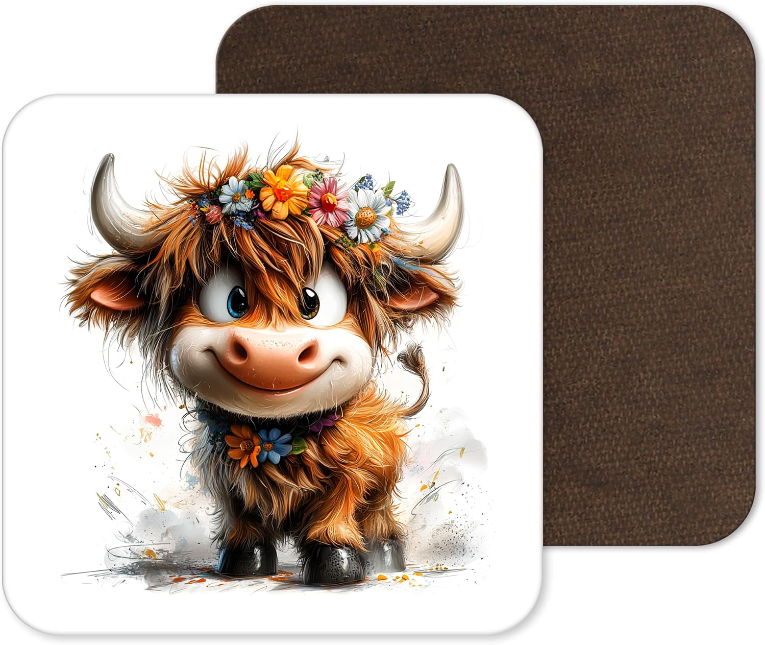 Top Banana Gifts Design 15 Funny And Cute Highland Cow Coasters - 25 Designs - Funny Retro Square Wooden Coaster (Design 15)