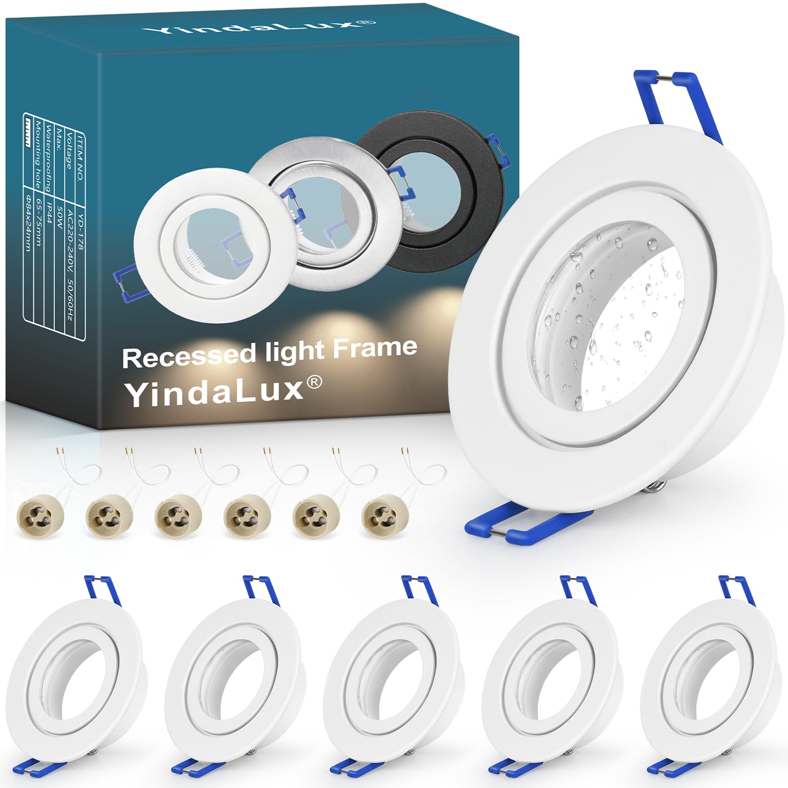 YindaLux 6 Pack GU10 Downlight Frames IP44 White, Aluminium Recessed Spotlight Bezels for Bathroom, 230V Ceiling Spots with GU10 Holder, Ø84mm, Cut-Out 65-75mm, Bulb Not Included