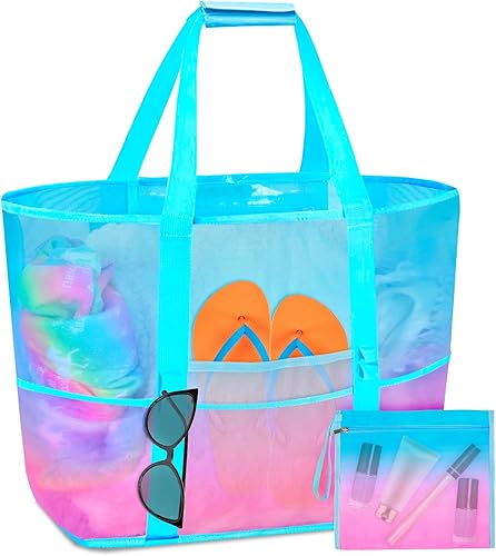 Bolsa de playa de malla, bolsa de playa grande para niñas y mujeres, bolsas de natación para piscina con cremallera, 10 bolsillos, bolsa de playa