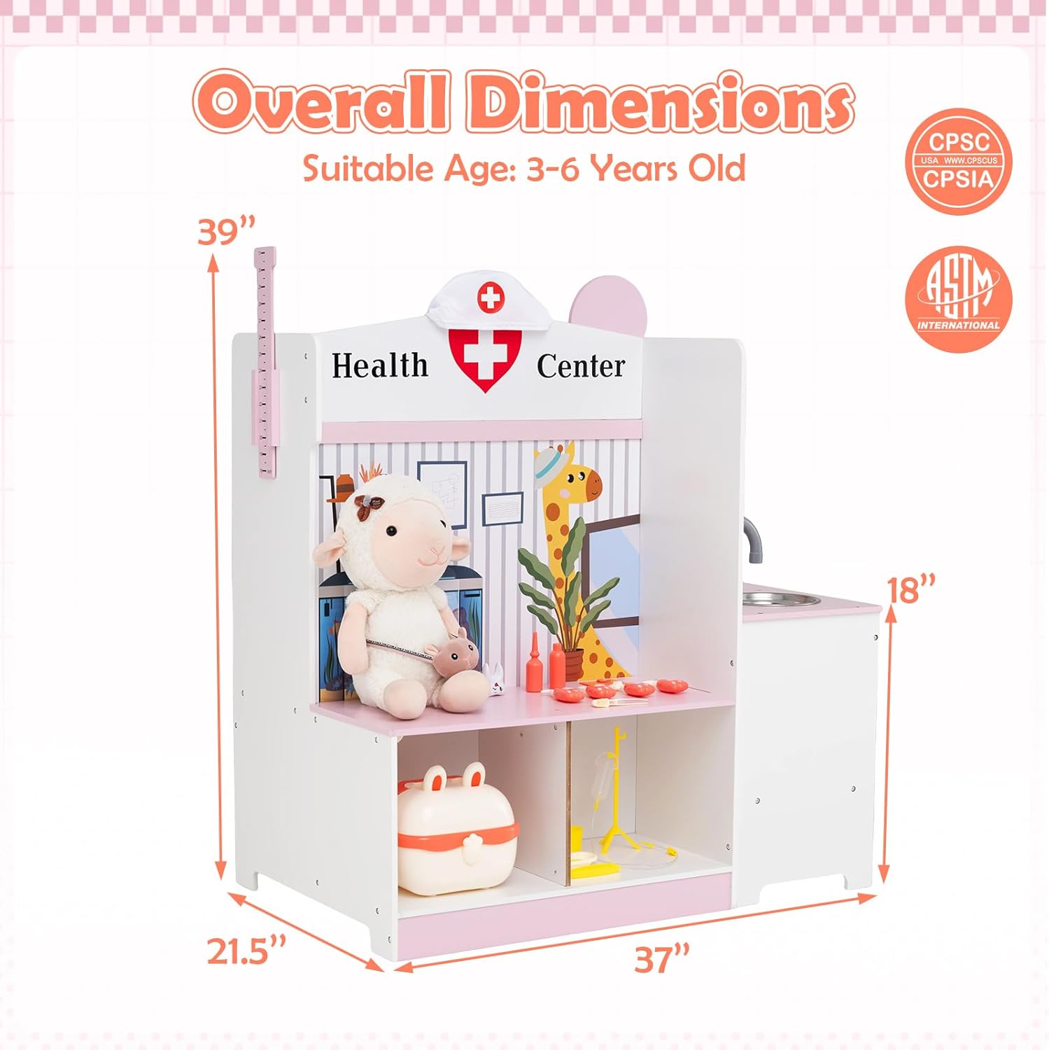 Costzon Wooden Doctor Playset, Medical Office Activity Center w/ Exam Room, Check-in & Waiting Areas, Height Measurer, Sink, Multi-Sided Pretend Play Doctor's Office, Gift for Boy Girl Aged 3+ (Pink)