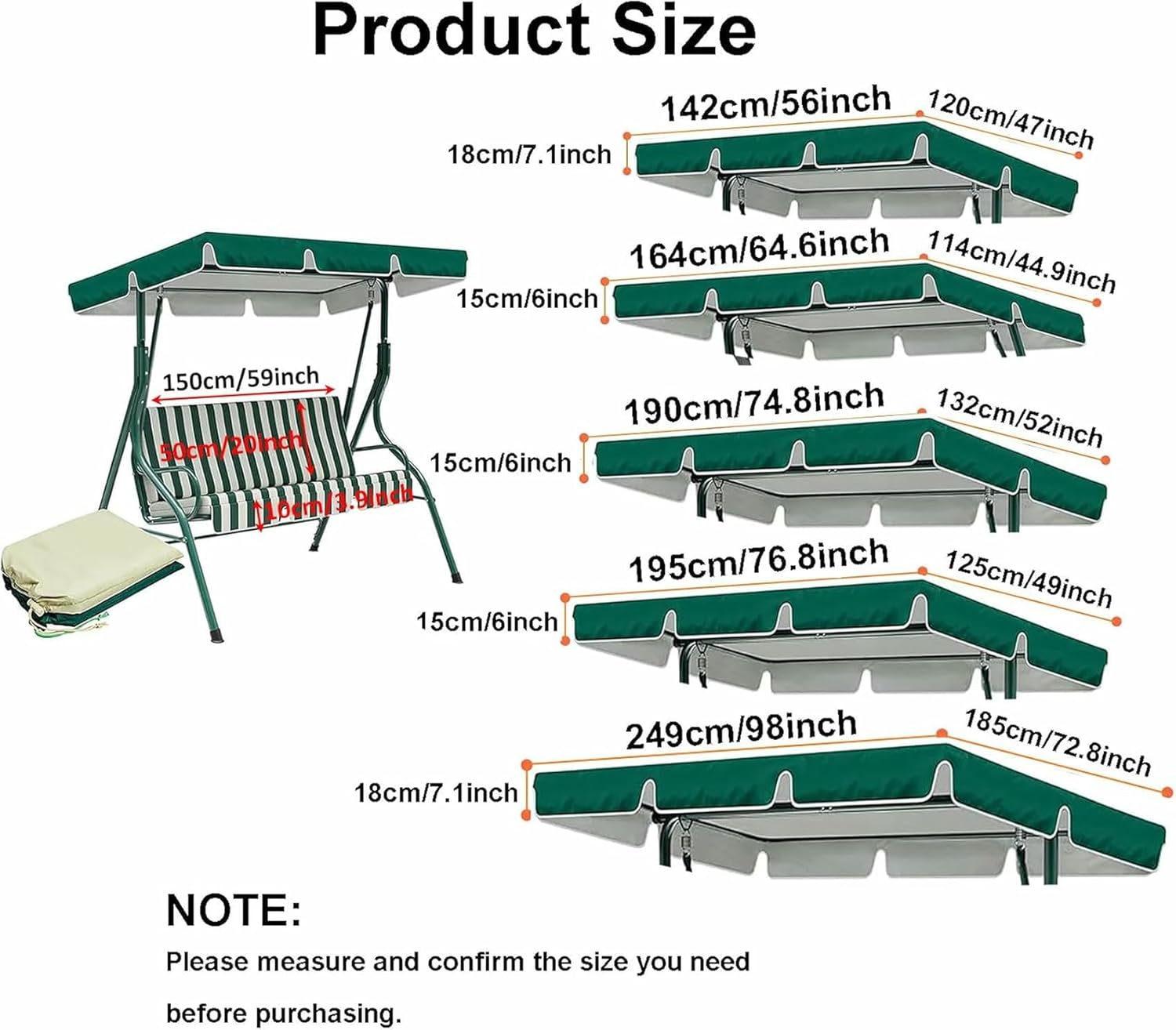 Outdoor Swing Canopy Replacement Cover & Swing Cushion Cover, 2/3 Seater Waterproof Swing Top Cover Sun Shade Awning Cover for Balcony Pools(Swing not Included)~/