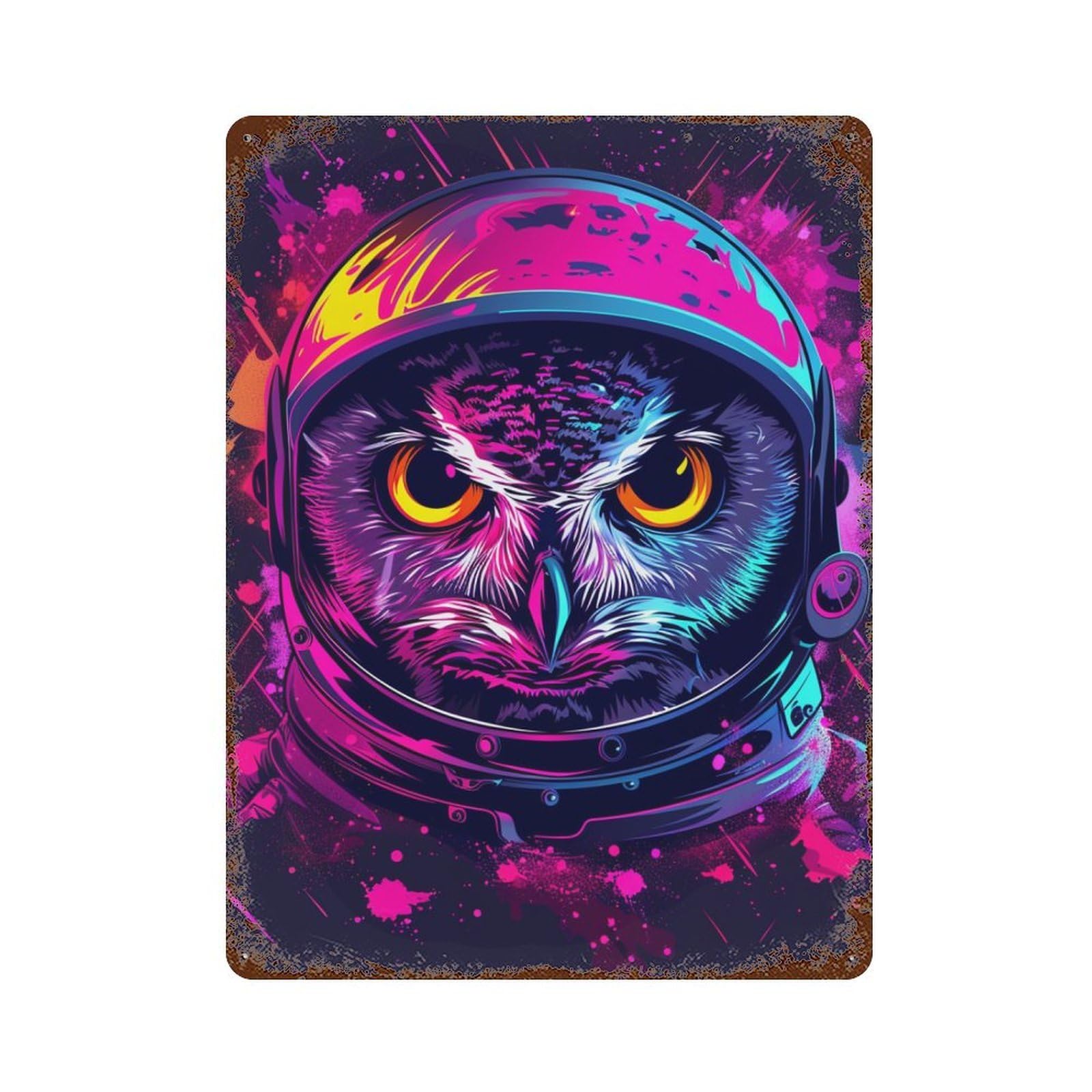 Cosmic Owl in Helmet Art Print 15.7"x11.8" Decorative Tin Sign, Retro Wall Decor for Bistro, Counter And Cafe Decor
