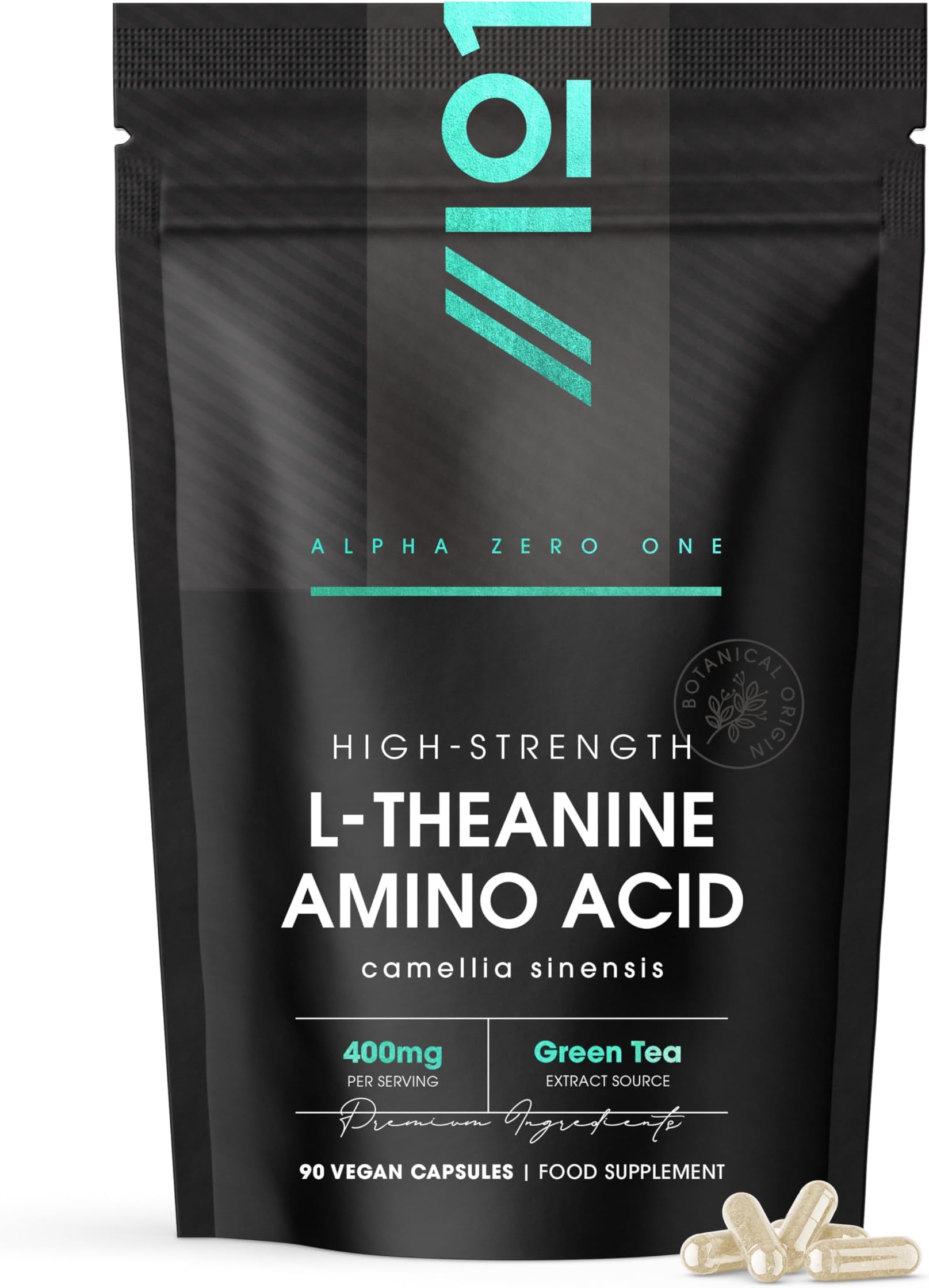 L-Theanine 400mg from Green Tea - 90 Vegan Capsules - Amino Acid Supplement – Resealable and Recyclable Pouch by Alpha01