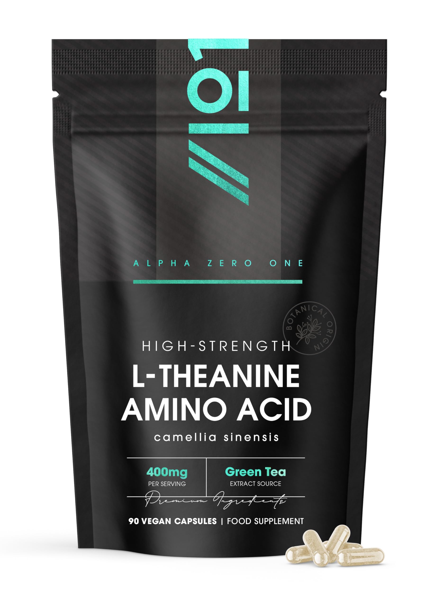 L-Theanine 400mg from Green Tea - 90 Vegan Capsules - Amino Acid Supplement – Resealable and Recyclable Pouch by Alpha01
