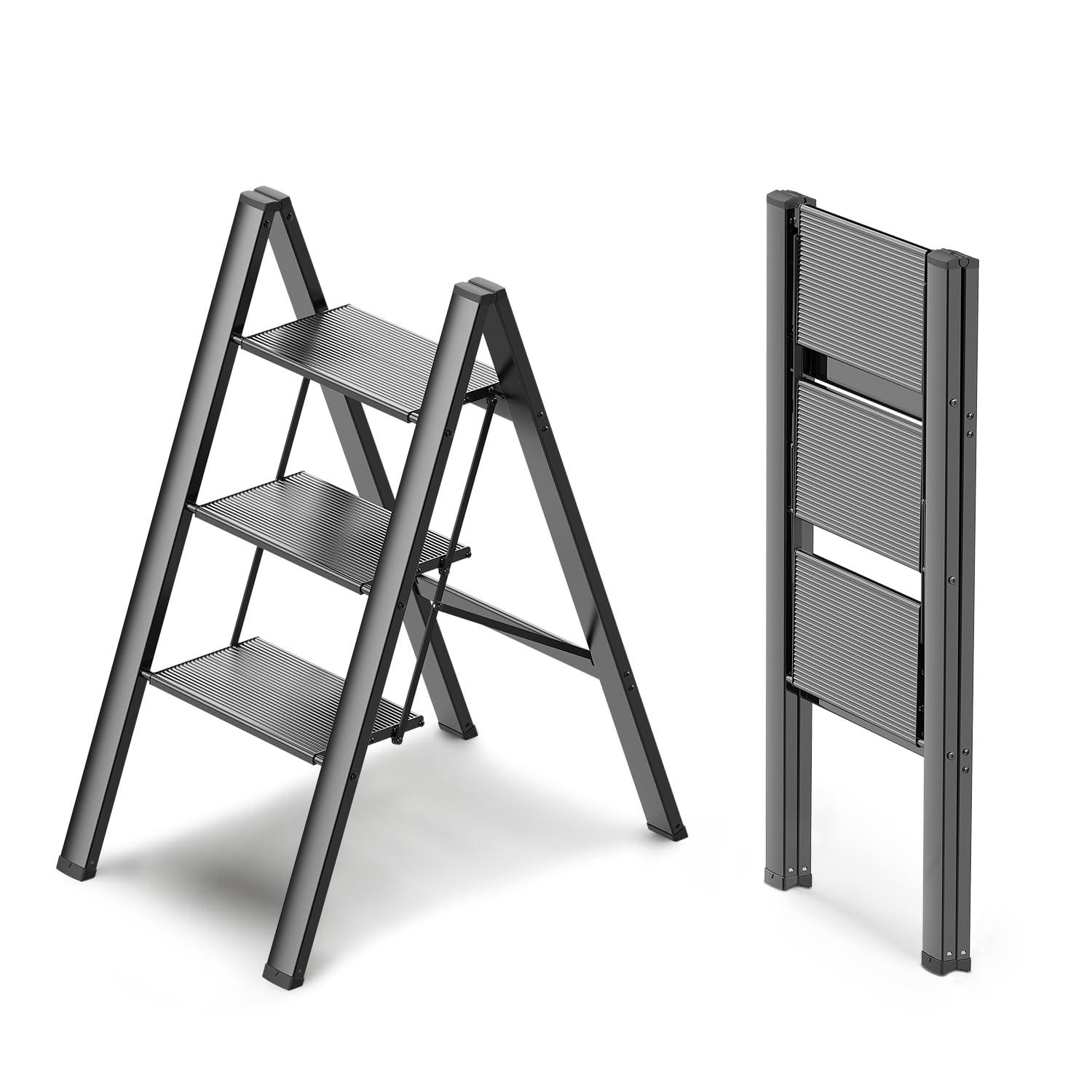 WOA WOA 3 Step Ladder, Foldable Step Stool, Aluminum Lightweight Ladder for Home Kitchen Closet, Anti-Slip Pedals, Ease of Folding, Portable, 300lbs Capacity - Black