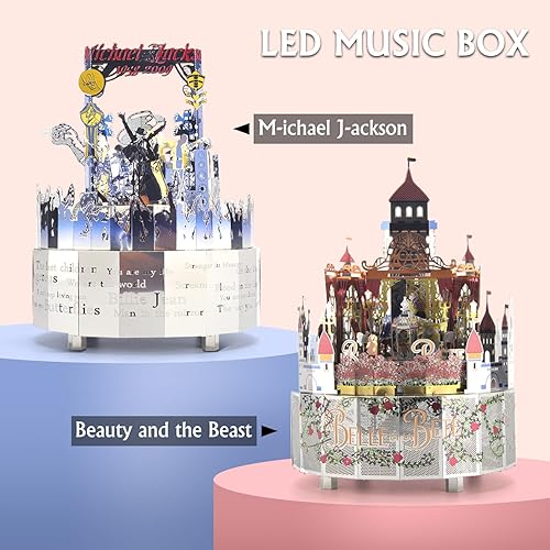 Miniatura 6 de Rompecabezas de metal 3D, caja de música de La Bella y la Bestia, kit de modelo de metal con luz LED colorida, modelo de tierra de metal, regalo