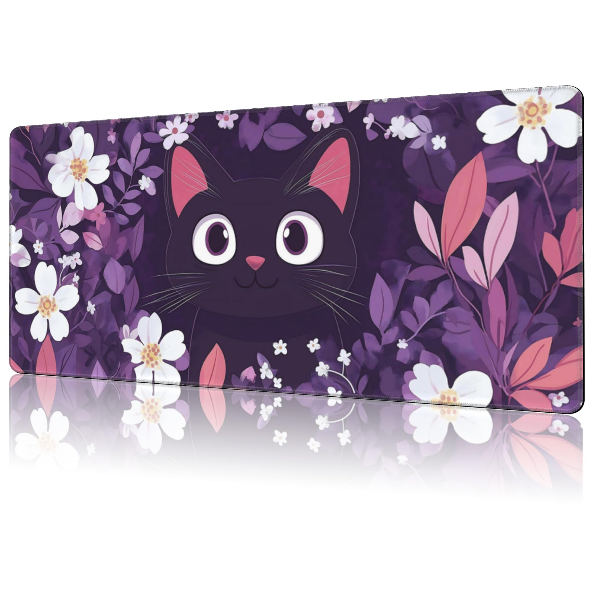 NIYLYNSYN Mouse Pad Large Cat Hiding in The Floral Non-Slip Game Desk Mat with Stitched Edge Laptop Keyboard Desk Pad for Work Home Gaming (35.4 x