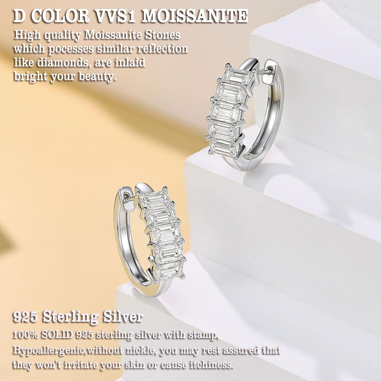 AIHUASI Jewellery D-Color VVS1 Moissanite Huggie Earrings for Women 925 Sterling Silver Earrings Prong Emerald Cut Hoop Stud Pair
