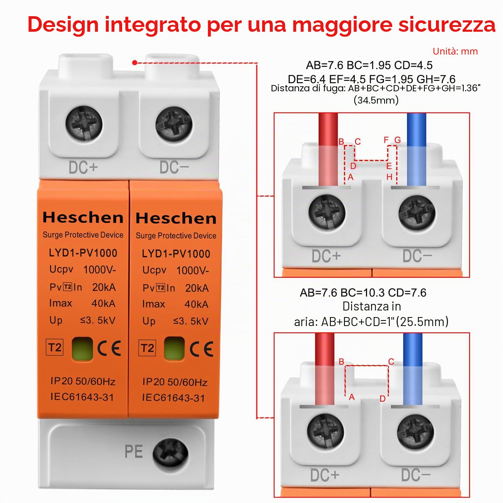 Heschen 1 Pezzi Protezione Sovratensione PV 1000VDC 2P, Scaricatore Fotovoltaico SPD 20kA/40kA Tipo 2, Protezione Fulmini Guida DIN 35mm