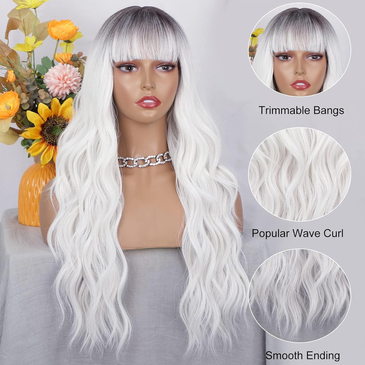 White Wig With Bangs Long Wavy Curly Ombre Wig with Dark Root Synthetic Heat Resistant Wigs for Women Daily Party Use 26 Inches (White, 26 inch)