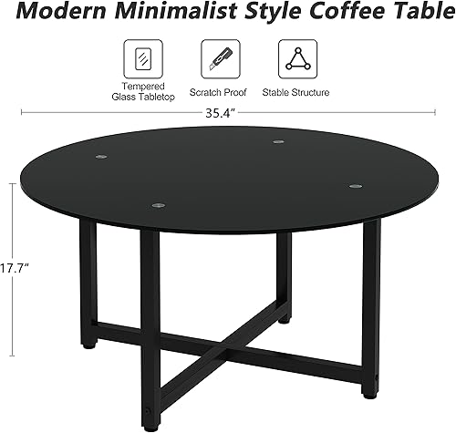 Miniatura 3 de Mesa auxiliar redonda de vidrio de 355 pulgadas mesa de centro negra con mesa de vidrio templado de 0315in y patas de metal mesa auxiliar moderna