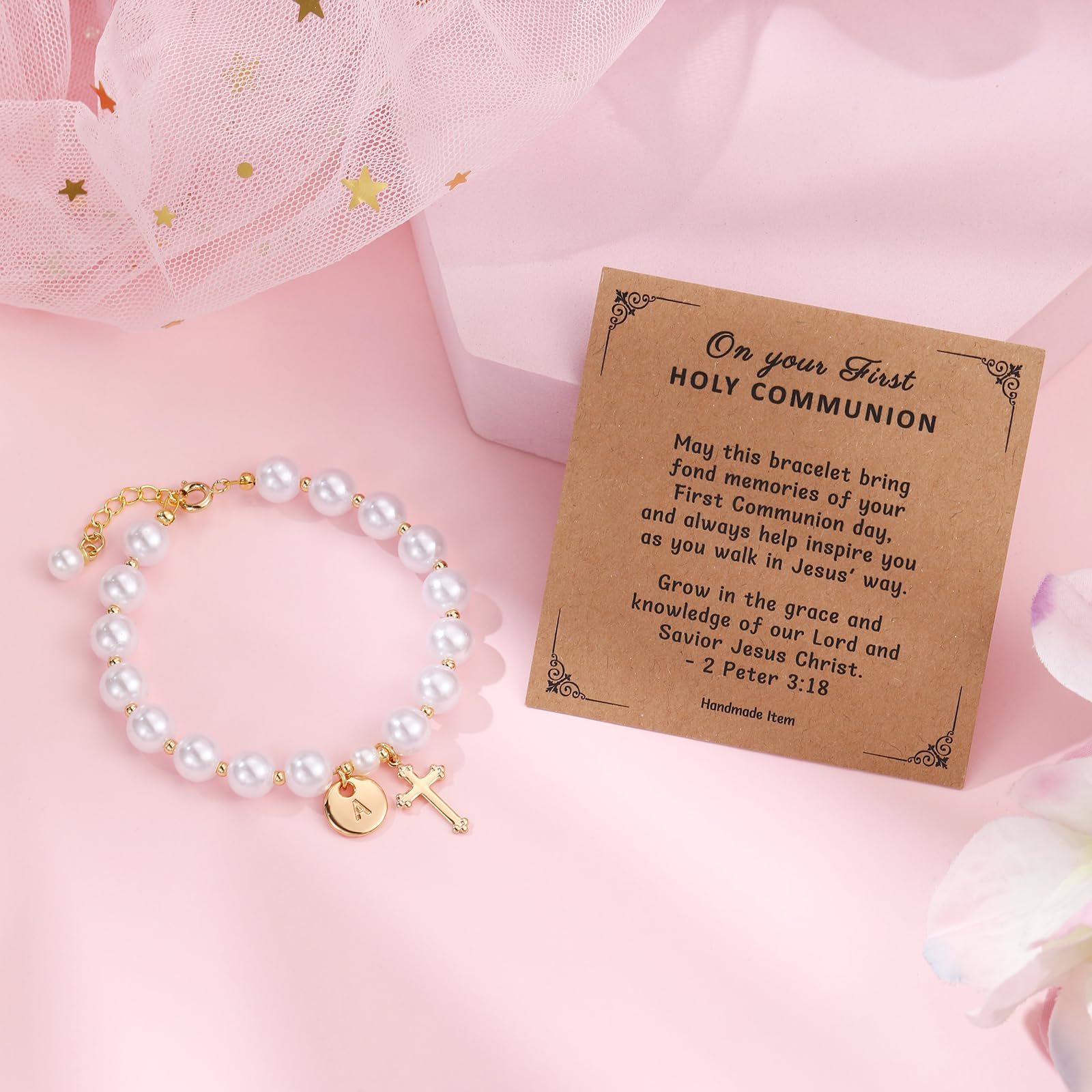 Initial First Holy Communion Confirmation Baptism Bracelets Gifts for Women Girls, Catholic First 1st Communion 14K Gold Pearl Cross Charm Bracelet Personalized A-Z for Goddaughter Niece