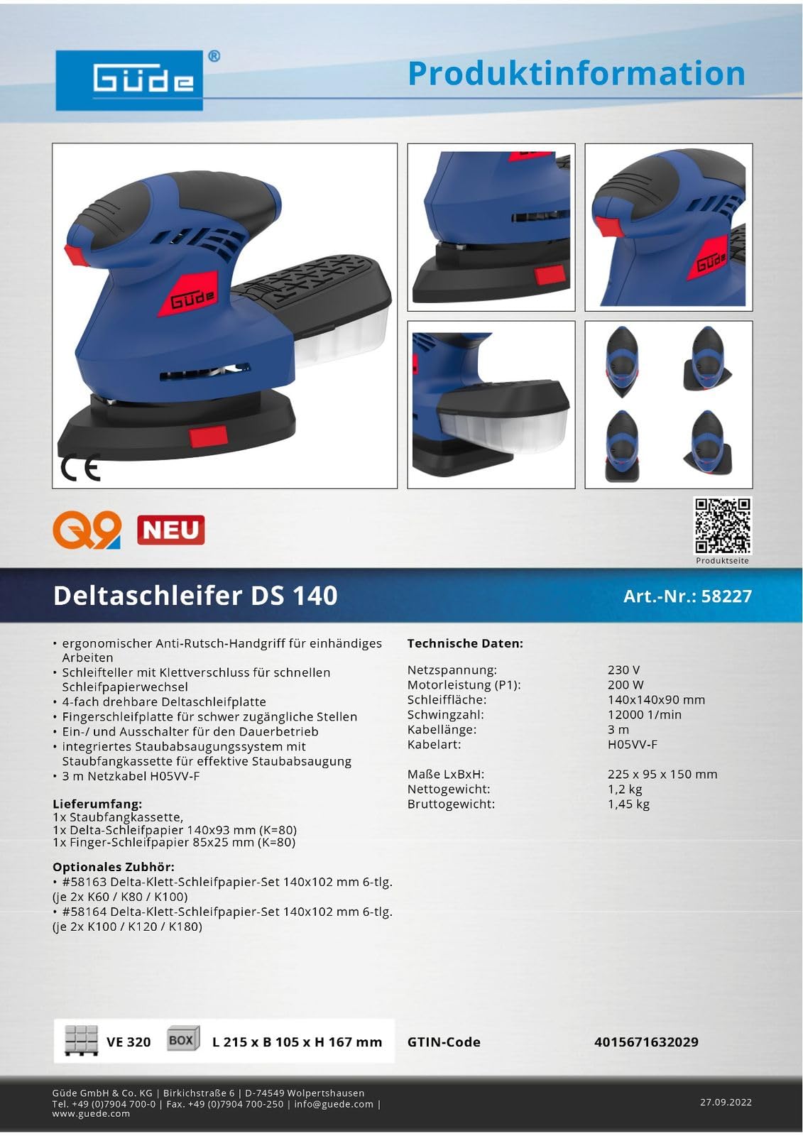 Güde Q9 Deltaschleifer Dreieckschleifer Multischleifer Schleifer DS 140 200W Anti-Rutsch-Handgriff