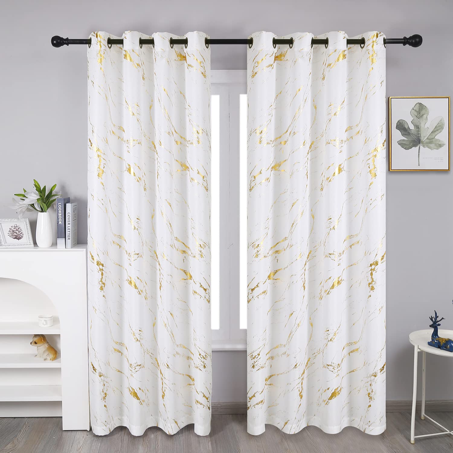 Taisier Home Gold Foil Print Linen Textured Curtains Geometric Marble Pattern Design Curtains for Living Room Thermal Insulated Window Treatment 2 Panels 95" L,Off White and Gold Curtains Print