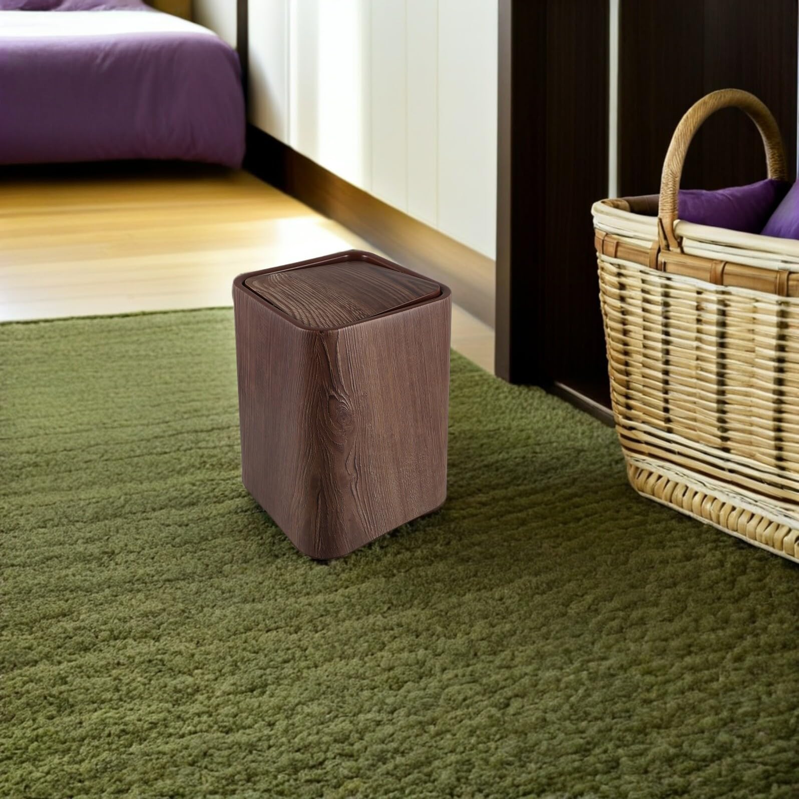 YARNOW Cubo de Basura Tapa Abatible 15 Litros, Imitación Madera en Nogal, Papelera para Uso Doméstico en Baño, Oficina y Sala, Resistente y Antiolor