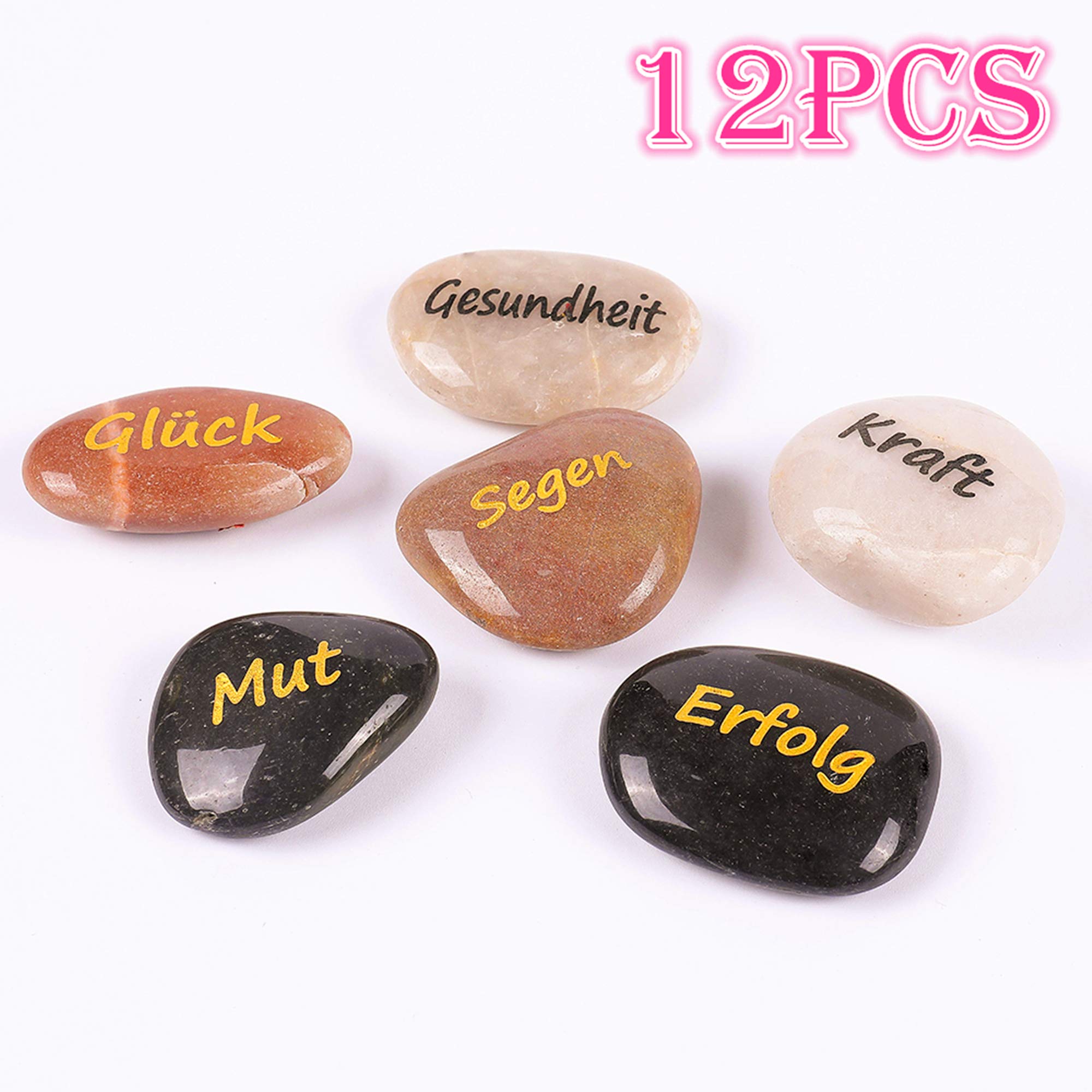 12PCS Pierres Gravées Message Allemand Chanceuse Inspirant, Cadeau avec Gravure Inspiration Mot, Pierre de Guérison, Décoratifs Galets, Bonheur Encouragement (Lot de Gros, 12 Mots Différents, 5-8 cm)
