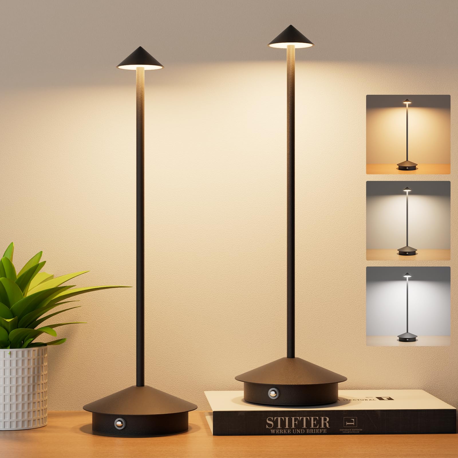Aoceley Kabellose LED-Tischlampen, 3 W, 6000 mAh, batteriebetriebene Tischleuchte, 3 Farben, stufenloses Dimmen, tragbare Tischlampe, wasserdicht für Restaurant/Innen/Außenbereich, Schwarz, 2 Stück