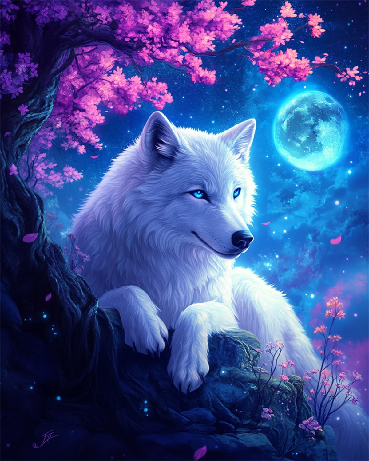11CT Kreuzstich Set Fantasie Weißer Wolf Und Blumenbaummond 80x100cm