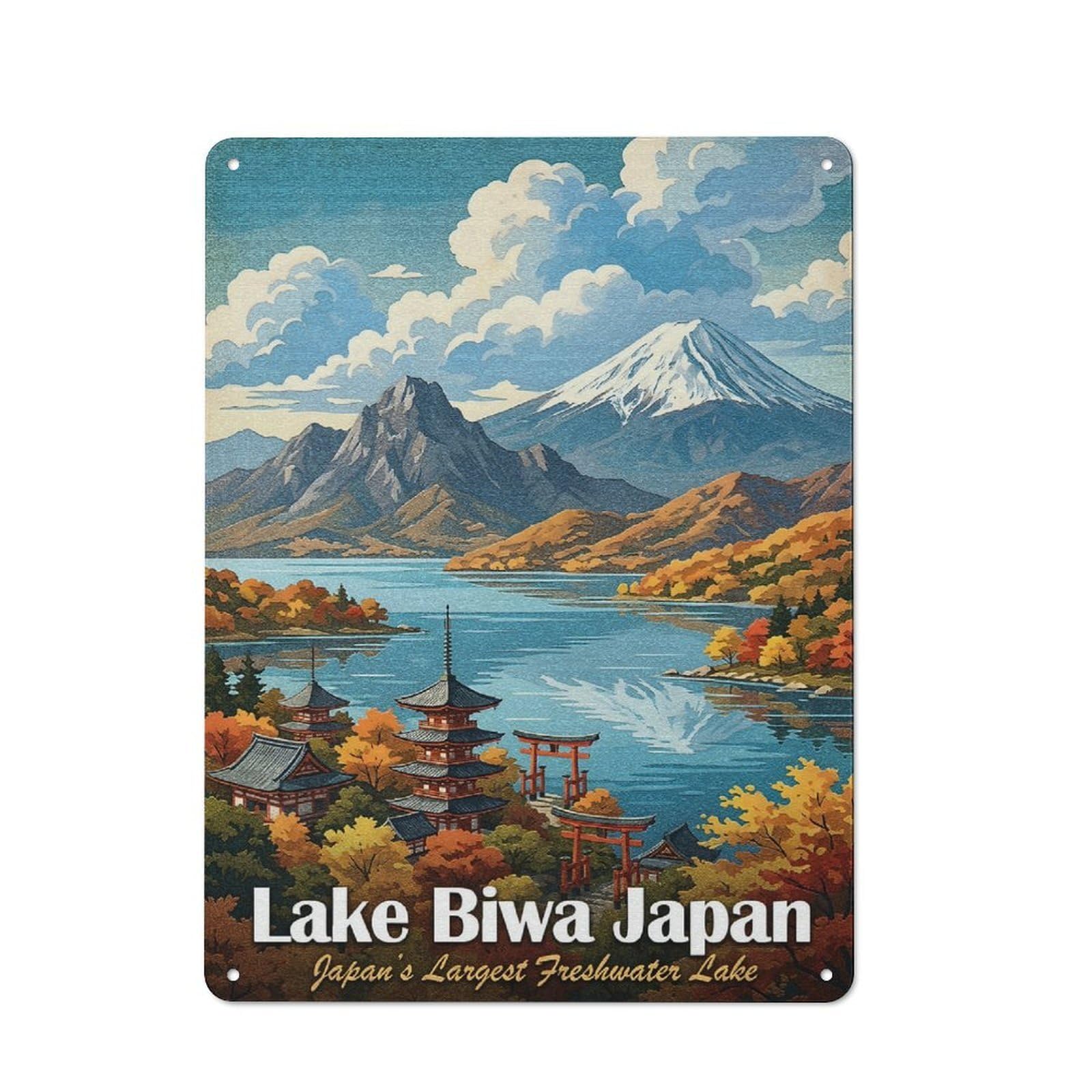 Junmoney Style-24 Tin Wall Sign With Lake Biwa Japan Vintage Travel Design 40X30cm, Cosy Cafe Wall Decor For Kitchen, Cafe, Pantry Or Dining Room