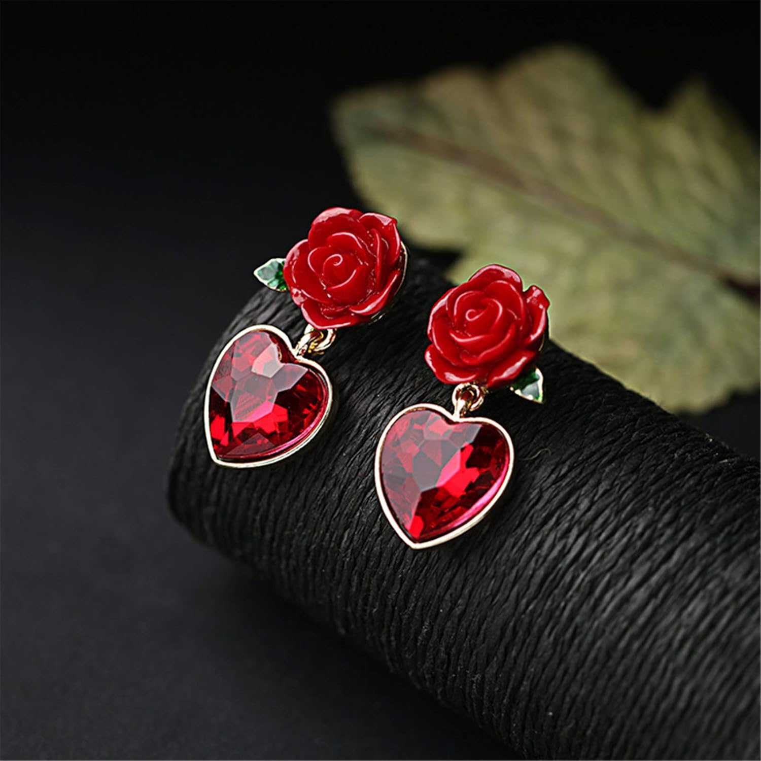 Red Rose Earrings, Gold Plated Vintage Simulated Ruby Heart&Red Rose Flower Women Stud Earrings Gothic Red Rose Dangle Drop Earrings Cute Earrings for Women - Image 3