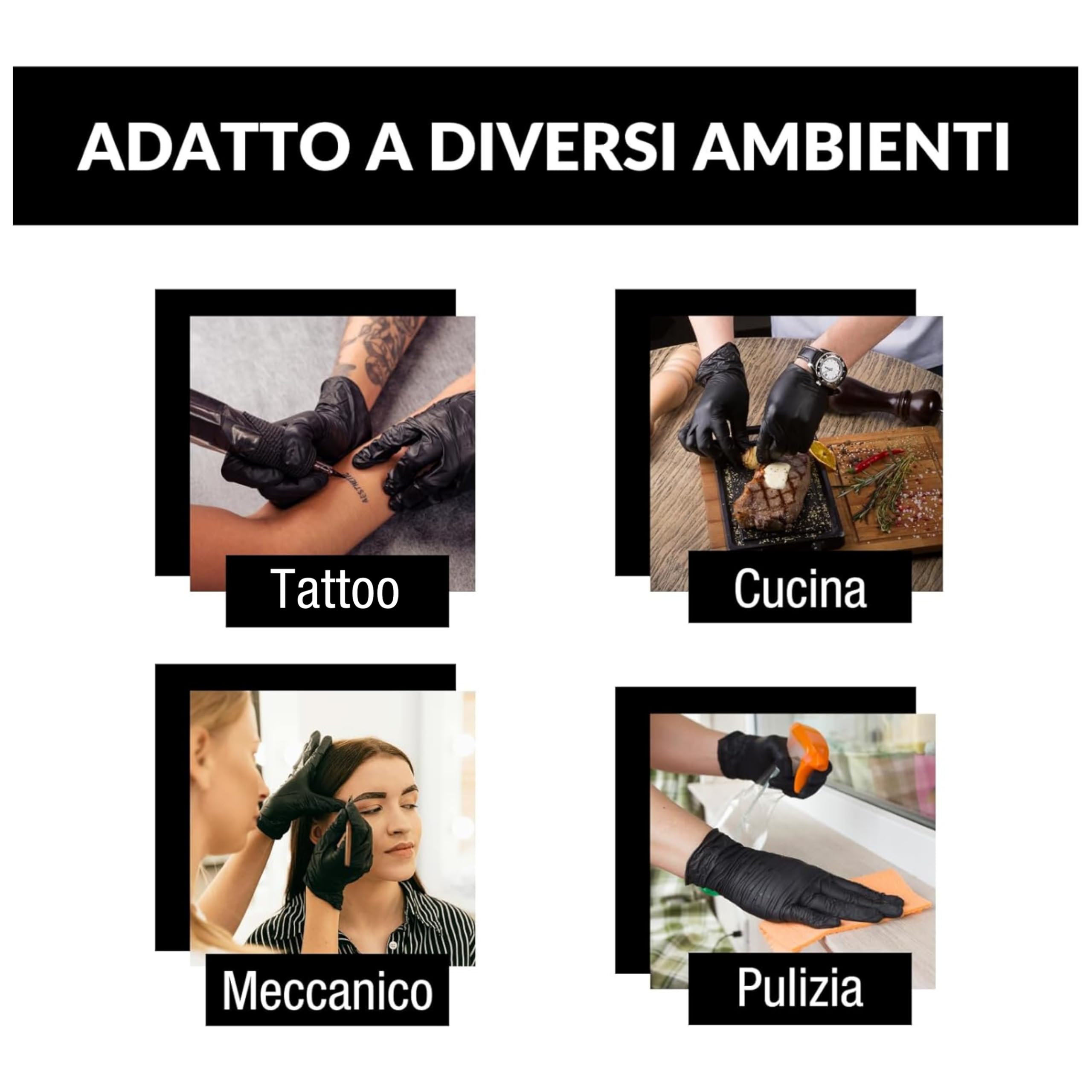 HANSKA 100 Guanti Monouso Nitrile Neri - Senza Polvere - Usa e Getta- Ambidestri - Non Sterili - Base di Gomma - Adatti per Ambiti Medici, Manipolazione degli Alimenti (100, L)