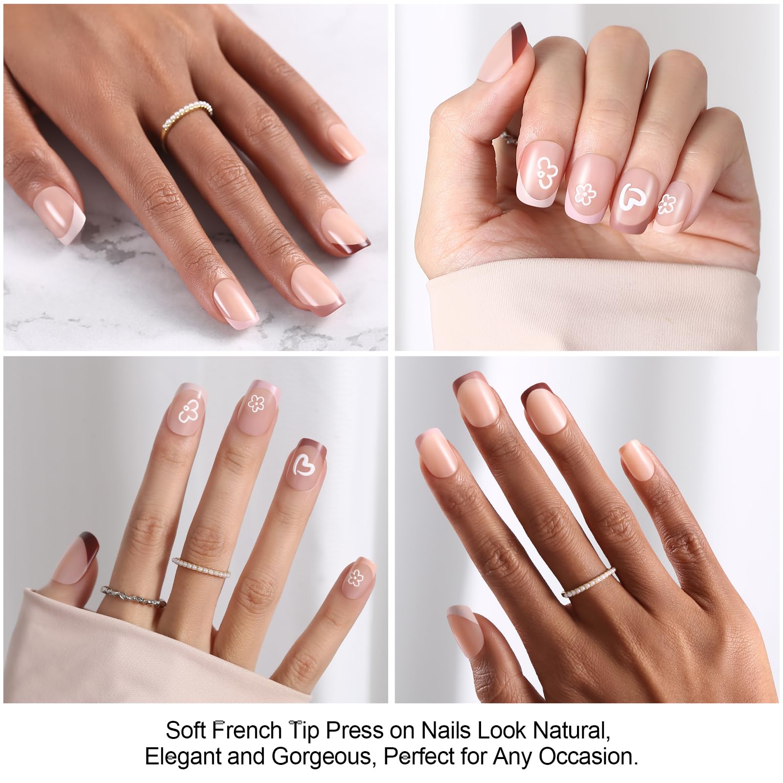 150 uñas postizas a presión con punta francesa de tonos de piel, cuadradas, cortas, suaves, francesas, en 15 tamaños, puntas de uñas postizas acrílicas de larga duración, extensión de uñas 2