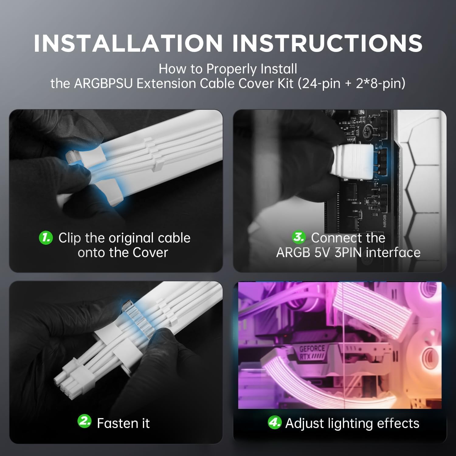 AsiaHorse AURORA-CO Gaines de Câble ARGB [GAINE SEULEMENT - PAS DE CÂBLE NI CONTRÔLEUR], Kit Gaine ARGB Souple pour Câbles d'Alimentation Existants 24-Pin / 2 * 8-Pin / 12+4-Pin, Sync 5V 3-Pin