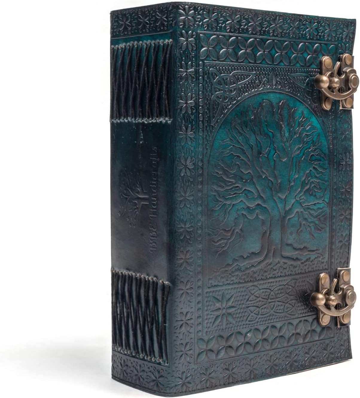 Handgefertigtes großes Leder-Tagebuch, 600 Seiten, geprägt, Baum des Lebens, Buch der Schatten, Notizbuch, 7 Chakra, Grimoire, Skizzenbuch, 17,8 x 25,4 cm, Lederbindung (grün)