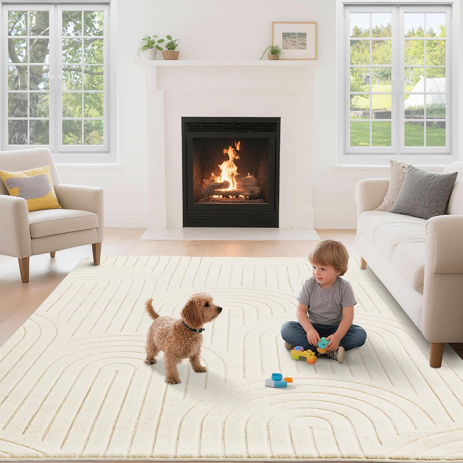 Puremy Wohnzimmerteppich, Kurzflor Teppich Wohnzimmer Schlafzimmer Kinderzimmer mit Hoch-Tief-Effekt, 3D Effekt, hohe Flordichte und angenehm weich, Moderner Bogenförmiges Design, 80x150cm, Beige