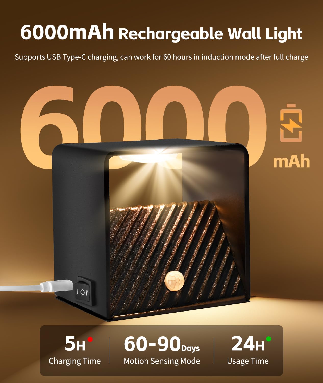 GeyouLux 2 lampade da parete a batteria da 6000 mAh, con sensore di movimento, interno da 5 W, ricaricabili, per interni, senza collegamento di alimentazione, con 3 modalità, 3000 K, batteria interna