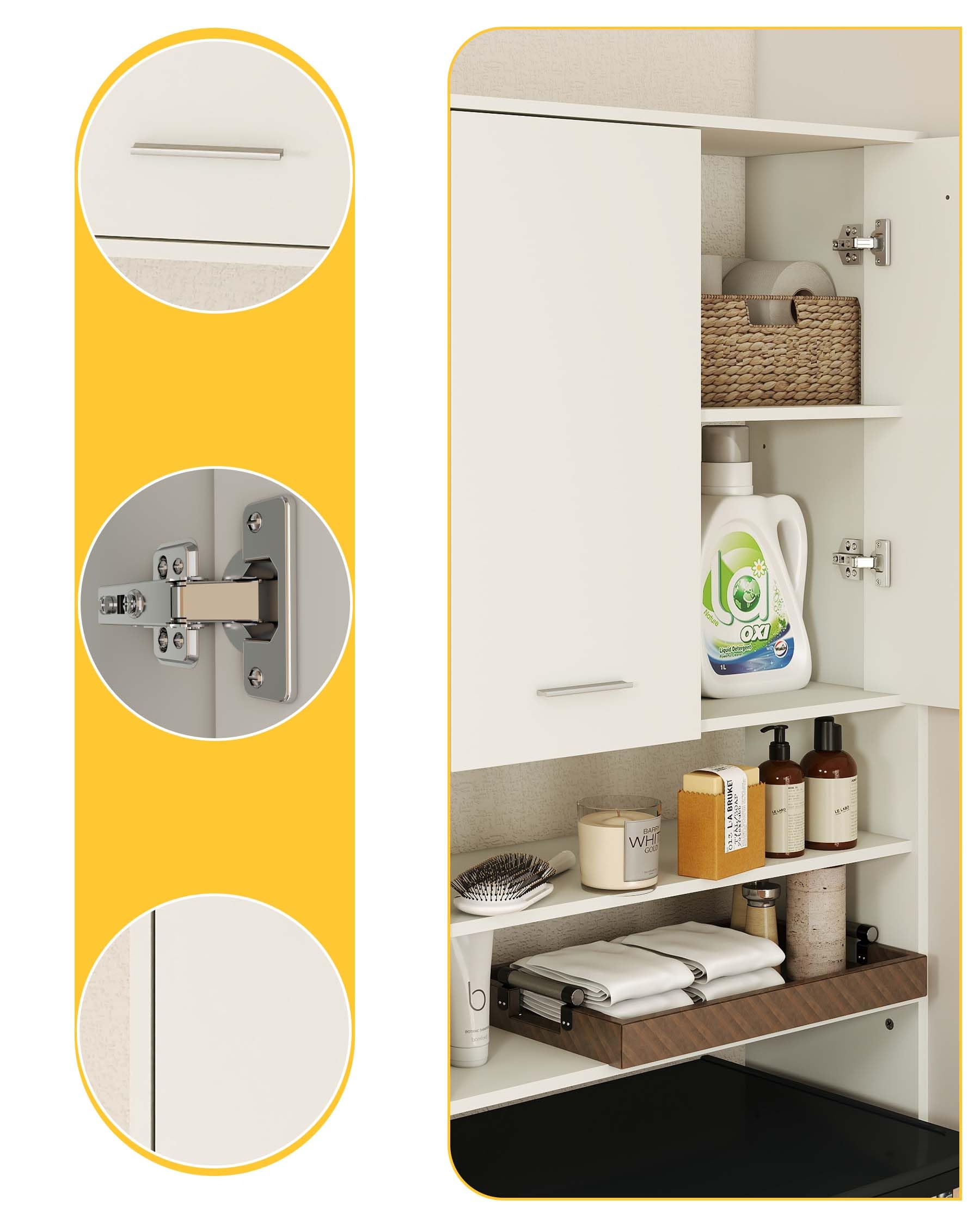 Waschmaschinenschrank mit Türen 64×30×179.5cm Waschmaschinenregal Bathroom Cabinet Badschrank Hochschrank Regal über Waschmaschine Weiß