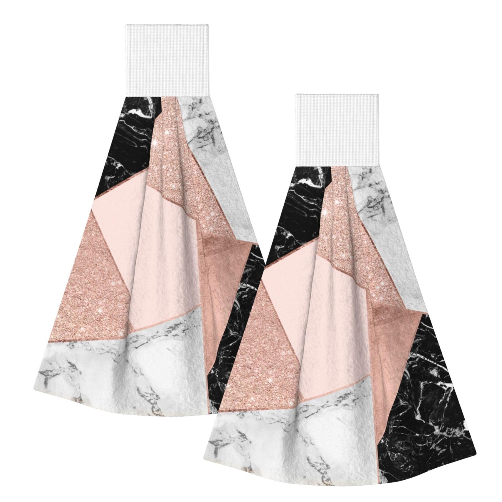 DOPKLNA Rose Gold Glitter Black White Marble Geometric, 2 Pcs Hanging Coral Fiber Hand Towels for Bathroom, Absorbent Kitchen Towels