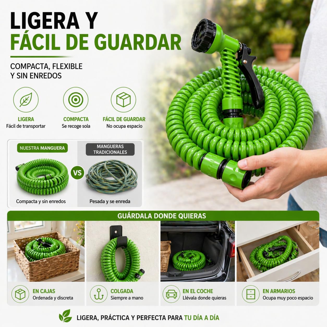 Manguera jardín espiral extensible hasta 7.5M con Pistola Rociadora 7 modalidades de riego. ideal balcones, terrazas y jardines. Manguera de agua.