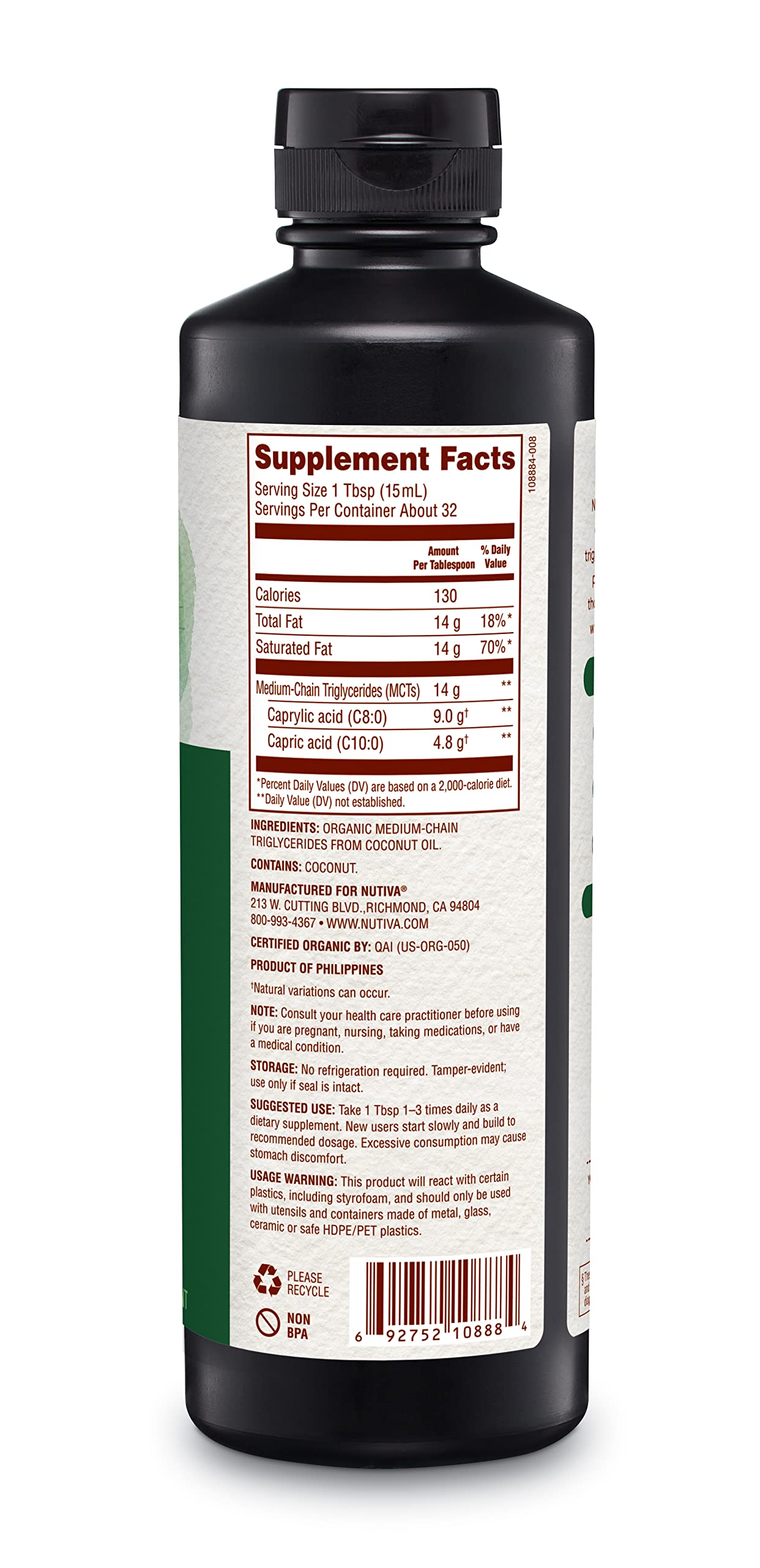 Nutiva Organic MCT Oil, Kosher, Keto Friendly, USDA Certified Organic, Non-GMO, 16 Fluid Ounce (Pack of 1) — Amazon image 7
