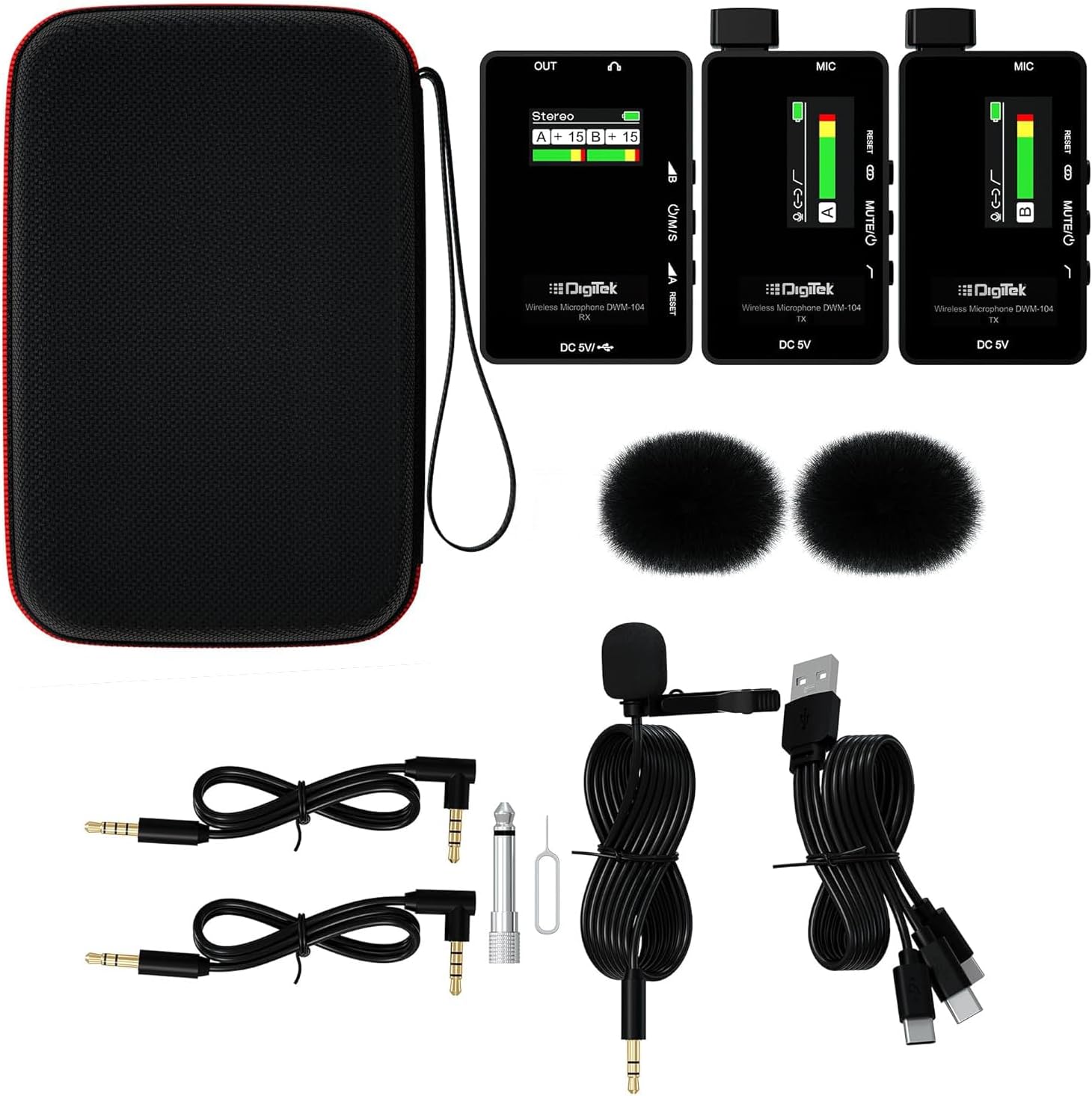 Digitek® DWM 104 Wireless Microphone System, 2 Transmitters 1 Receiver with TFT Display, 150M Range, 10Hrs RX/TX Runtime, Noise Cancellation, Low Cut Function, Mono/Stereo Output, 3.5mm Interface