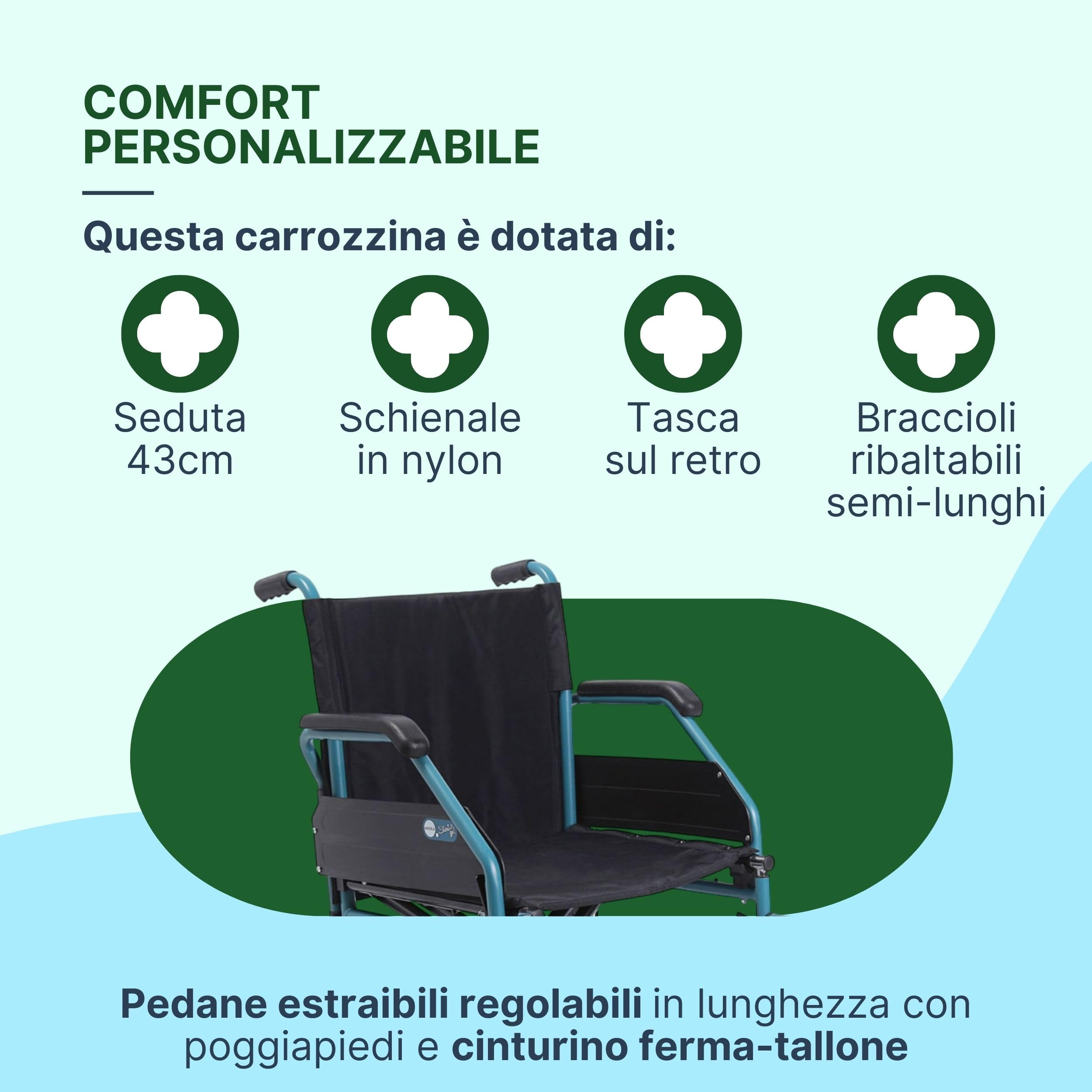 Sedia a Rotelle Pieghevole Leggera da Transito, 43 cm, Azzurra | Carrozzina per Disabili Predisposta per Autospinta, Acciaio, Crociera Doppia, Ruote a Sgancio Rapido
