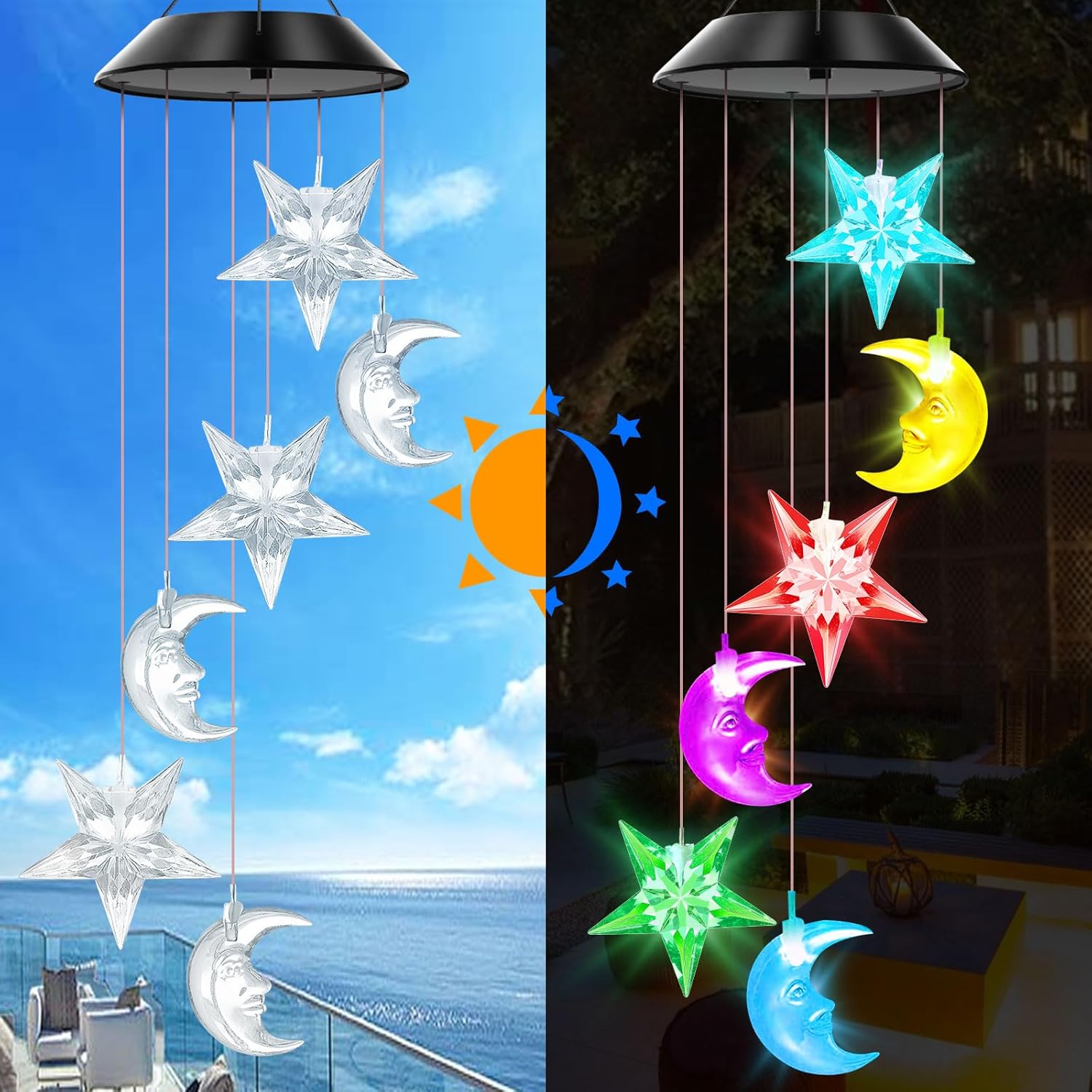 Solar Wind Chimes Outdoor Color Changing Lights, Gift for Women Mom Grandma Sister Best Gifts, Wind Chimes Unique Outdoor Garden Yard Decor (Star and Moon) - Image 3