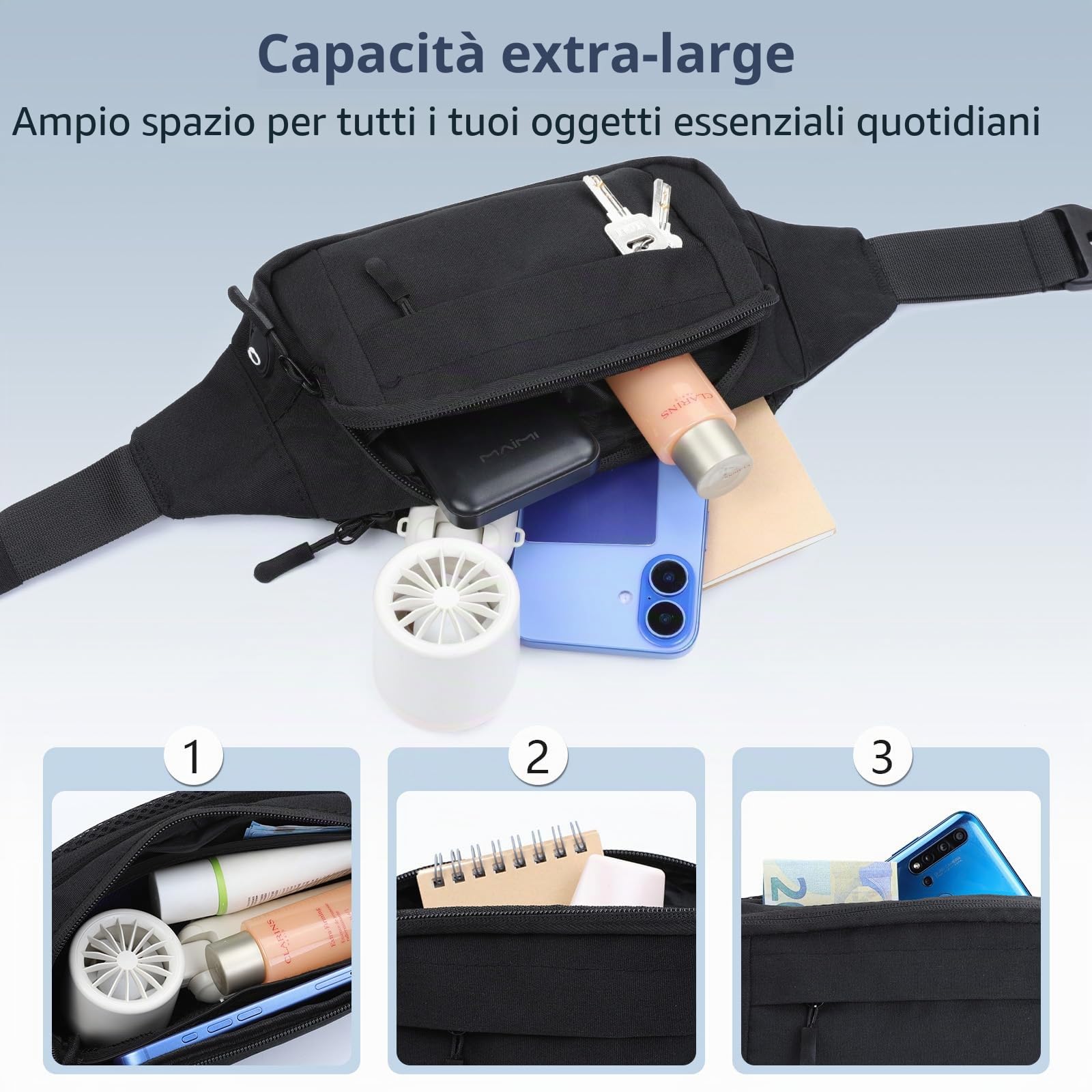 OTraki Marsupio Running Marsupio Sportivo Con Zip Tasche, Marsupio Uomo Tracolla Cintura Regolabile Marsupio Donna Sportivo Impermeabile Nero Per Uomo Donna Ciclismo Running Escursionismo