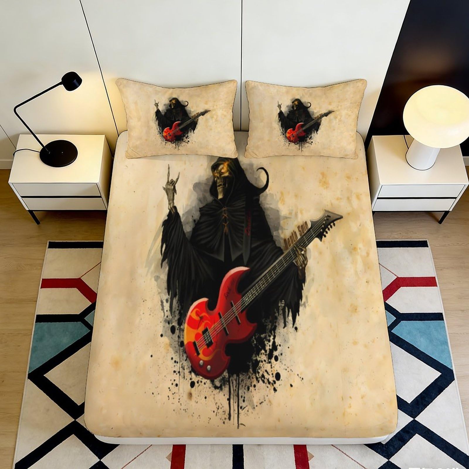 3D Printed Grim Reaper Guitar Fitted Sheet Microfiber Soft Black Red Rock Skull Mattress Cover for Bedroom Dorm Decor 90x200x25cm